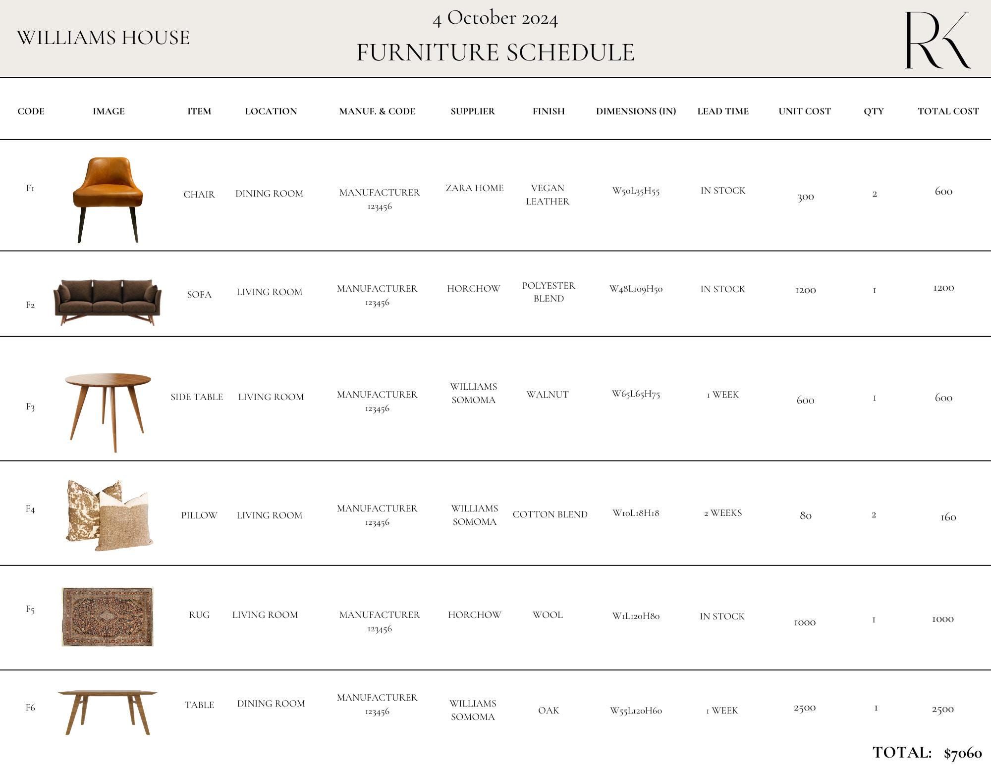 Furniture Schedule Template Furniture Schedule Template