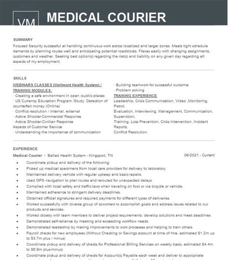 Medical Courier Resume